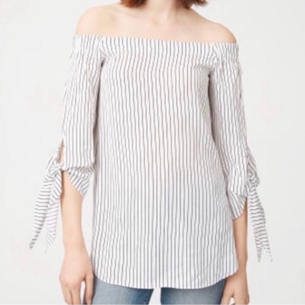 Club Monaco Sophiya Off-the-Shoulder White Blouse with Navy Blue Stripes